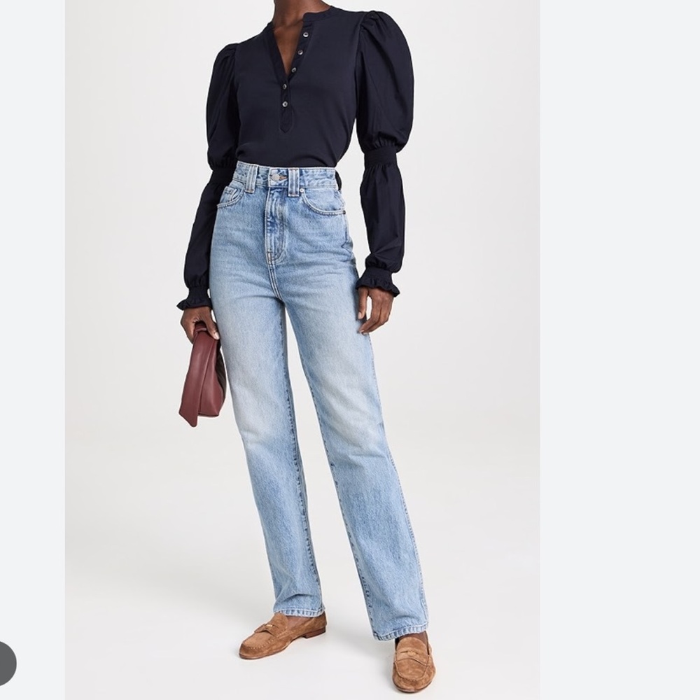 VERONICA BEARD Effy Puff Sleeve Ribbed Knit Henley Buttoned Shirt - Picture 3 of 16